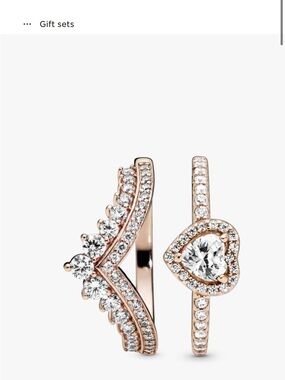 Pandora Rose Gold Tone Heart & Crown Ring Set with Clear Stones